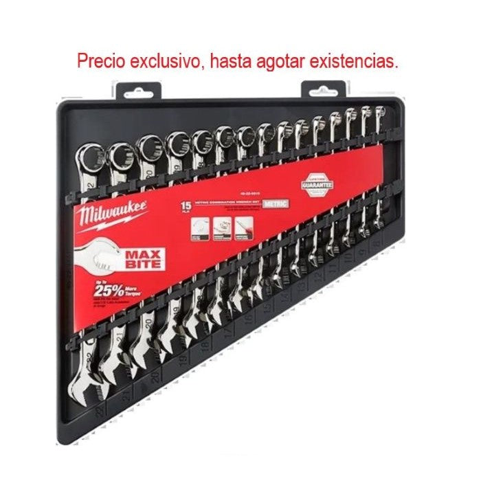 Juego de 15 llaves combinadas de matraca métrica de 8 a 22mm 12pt.