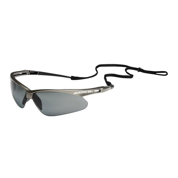 Lentes de protección con marco gris y lente polarizado con cordón