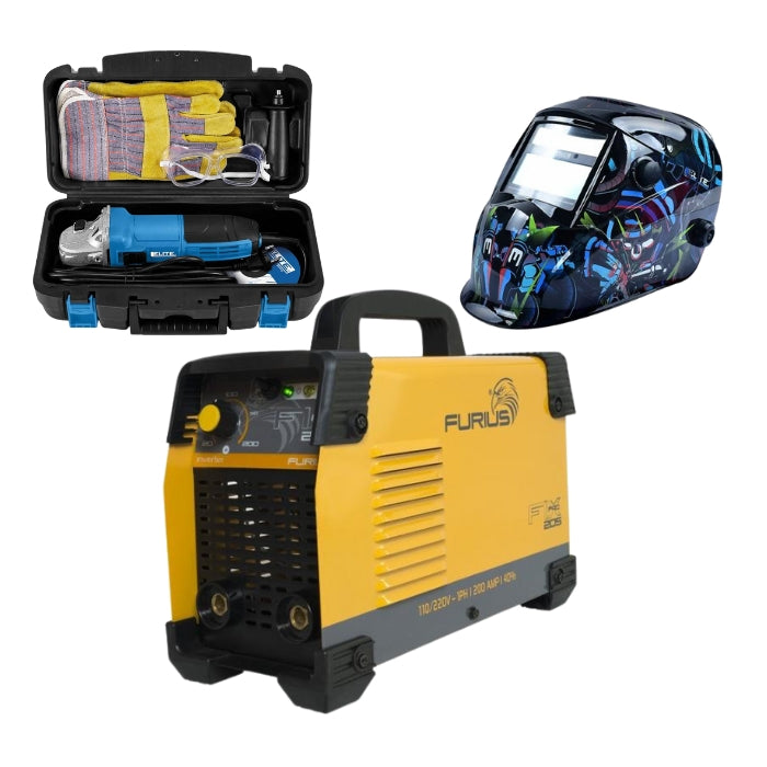 Combo de soldadora inversor 110/220v 200amp con Careta y Kit Esmeriladora Angular 4 1/2 800W